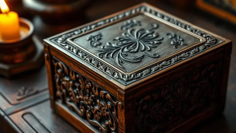 Detailed close-up of a small, intricately carved Thai wooden box on an old table, lit by candlelight.