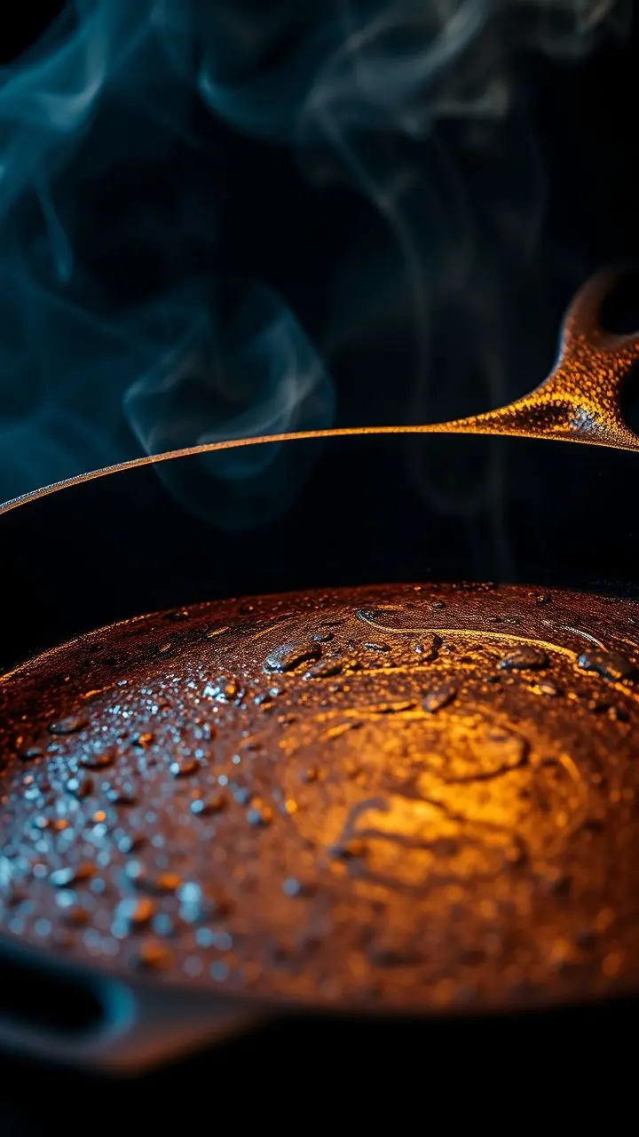 Close-up of a cast iron skillet with smoke and dramatic lighting.