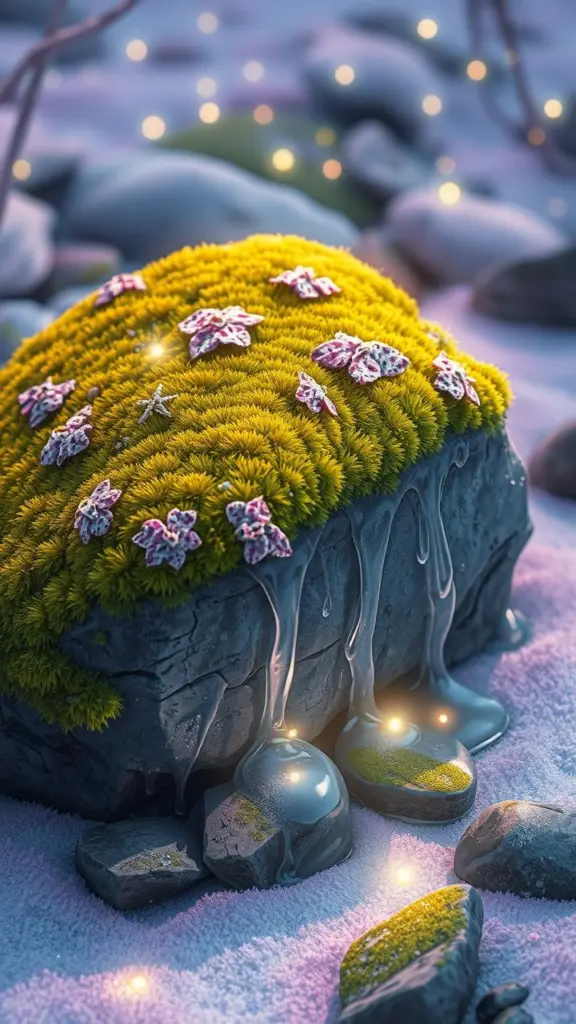 Mossy rock with lichens and fireflies during a winter thaw, vaporwave colors.