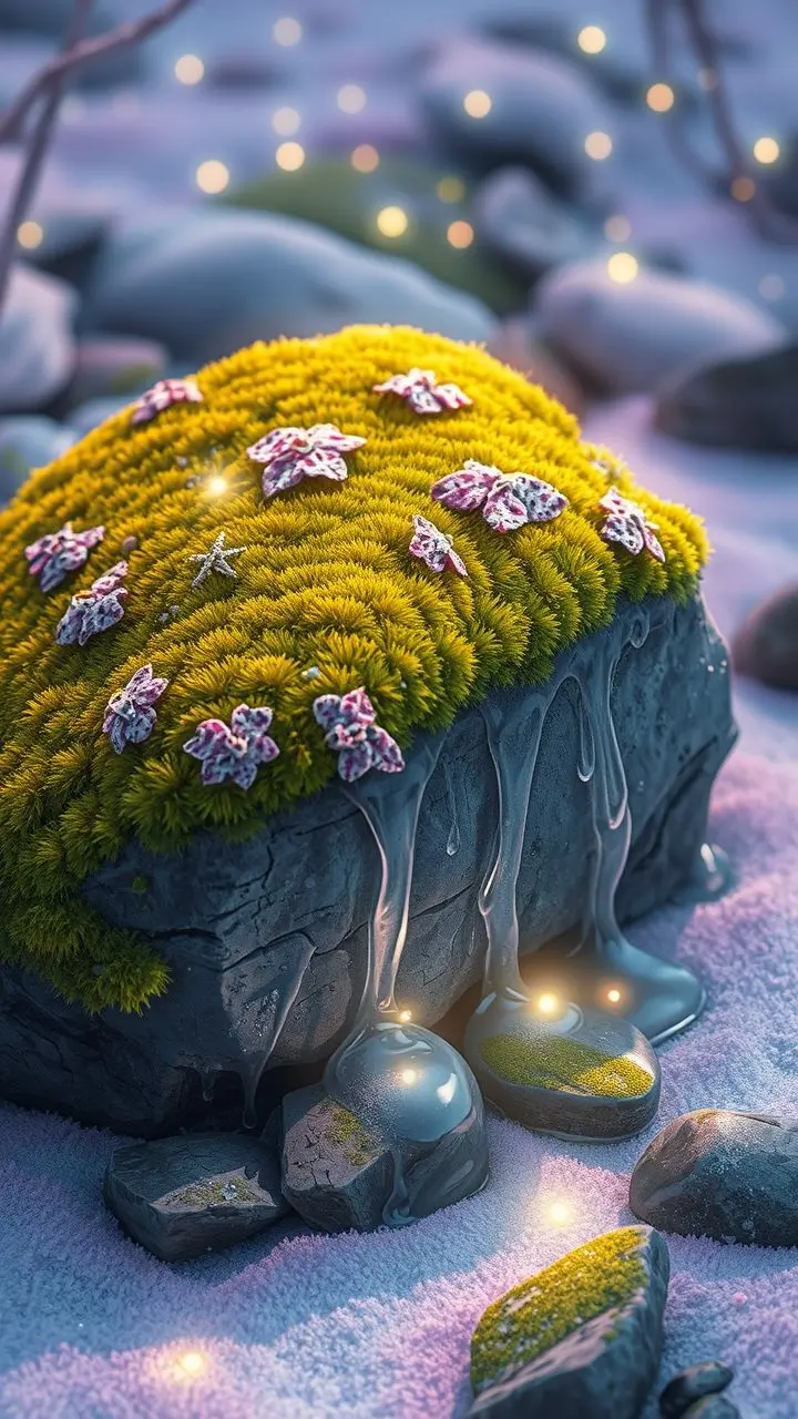 Mossy rock with lichens and fireflies during a winter thaw, vaporwave colors.