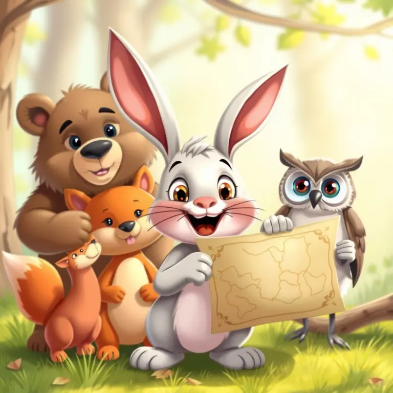 Rabbit pointing at a treasure map with animal friends.