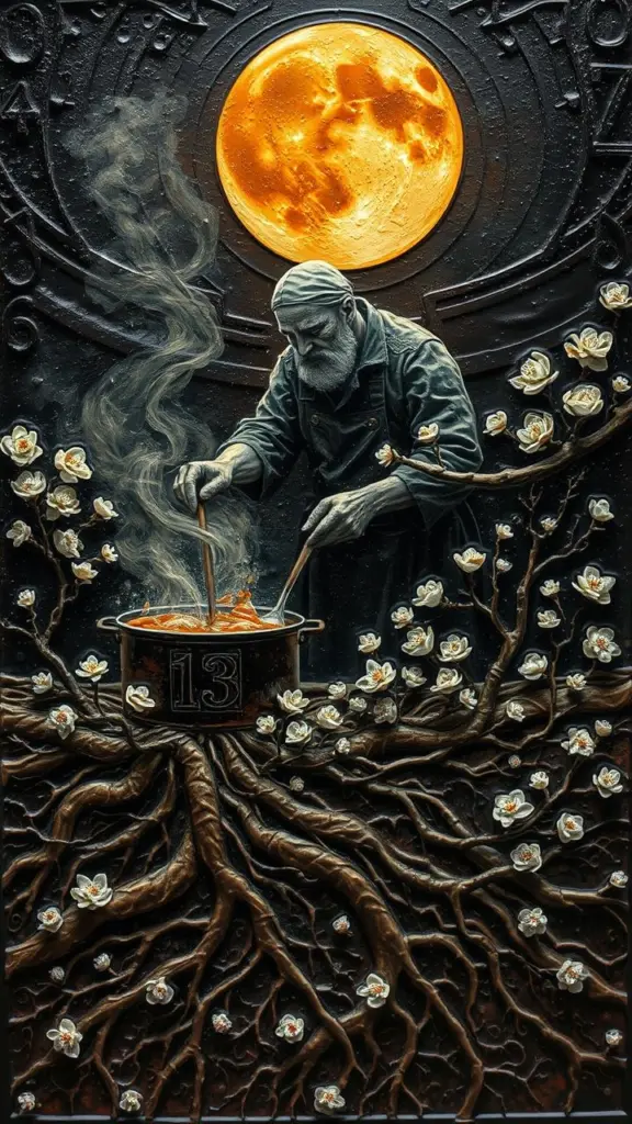 Jam maker stirring pot under lunar eclipse with frost blooms and roots.