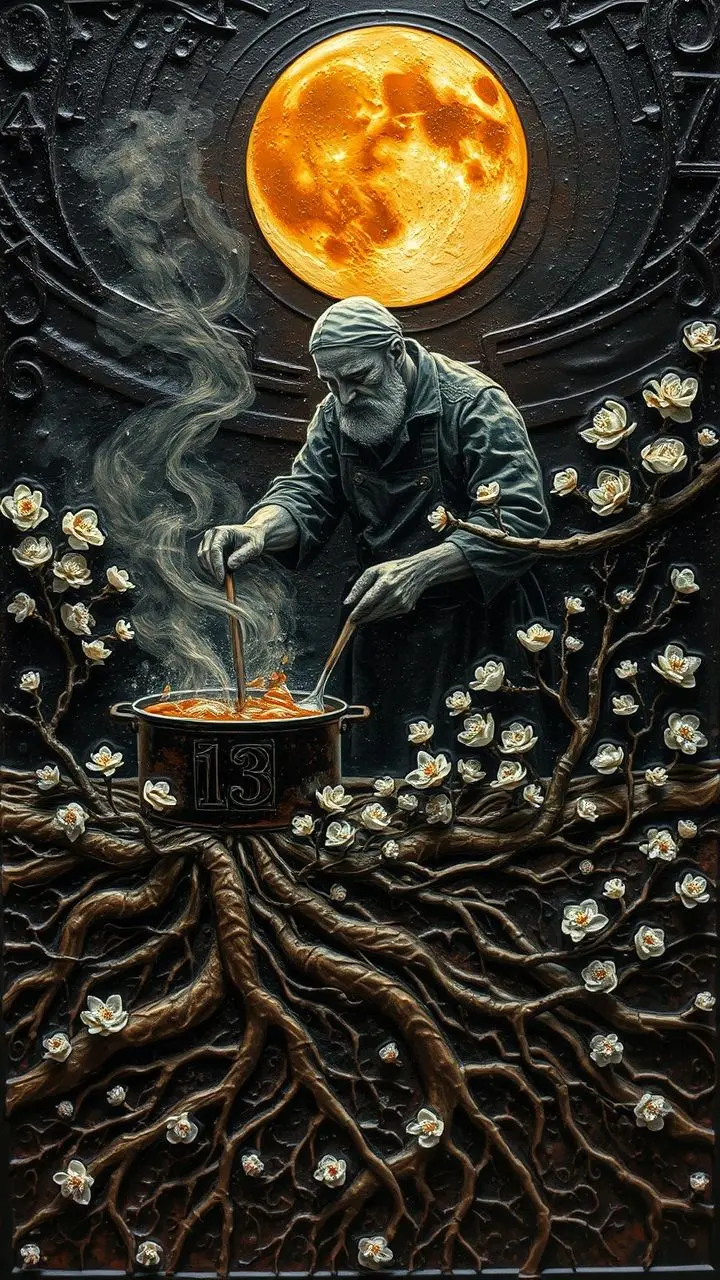 Jam maker stirring pot under lunar eclipse with frost blooms and roots.