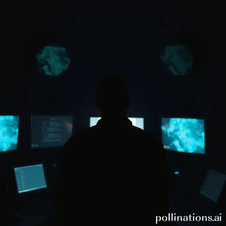 Silhouette of a man smoking in a dark room filled with glowing monitors.