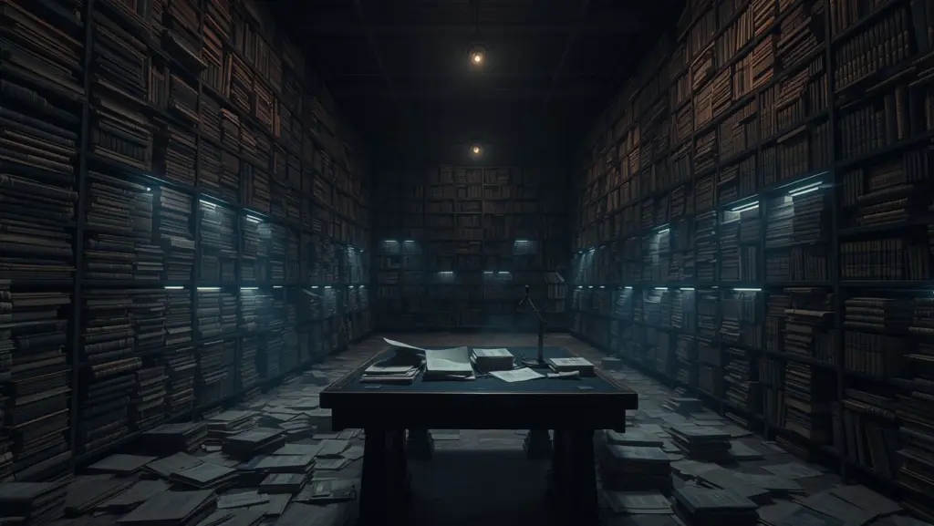 Dimly lit archival room with old books and a desk.