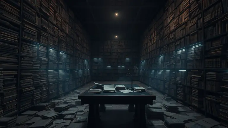 Dimly lit archival room with old books and a desk.