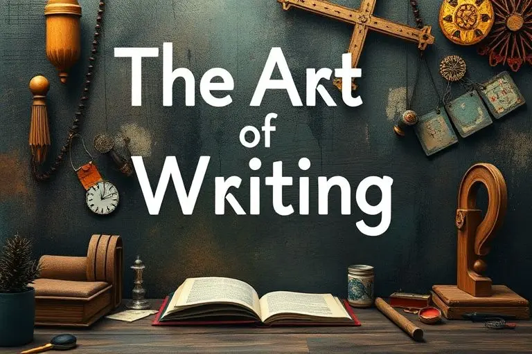 Illustration of a writing desk with scattered papers, a glowing pen, and abstract representations of ideas flowing.