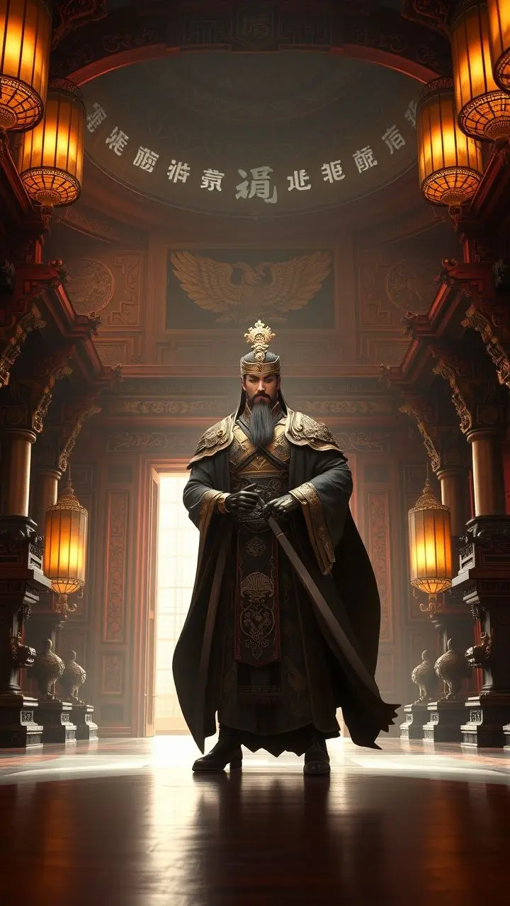 Heroic figures of Sheng, Shang, Fu, and Jin Se in a grand hall with detailed architecture and soft lighting.