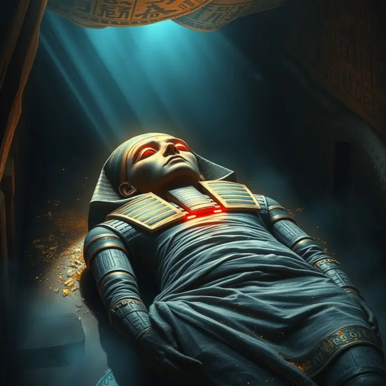 Mummy in a coffin with glowing red eyes in a tomb.