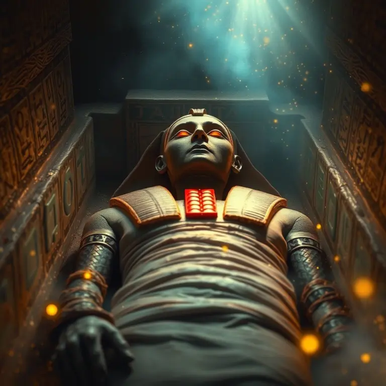 Mummy in a coffin with glowing red eyes