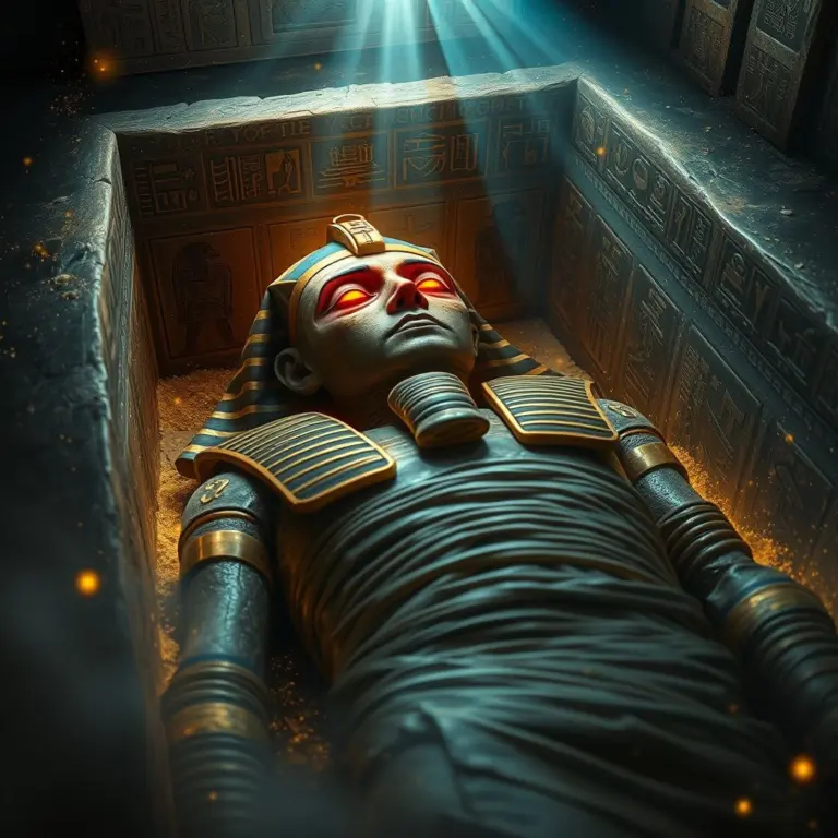 Mummy in a sarcophagus with glowing red eyes.