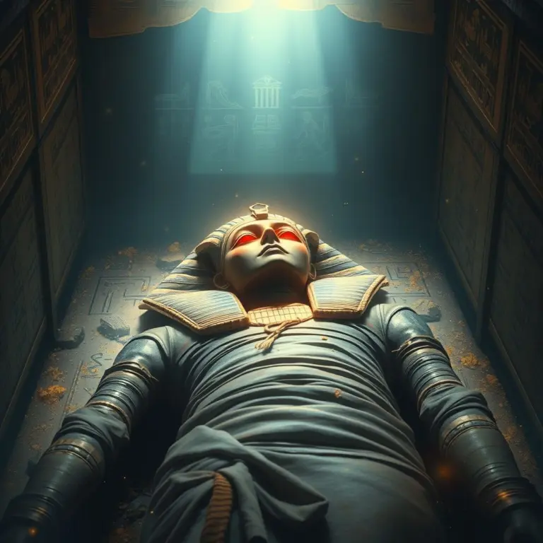 Mummy in a coffin with glowing red eyes