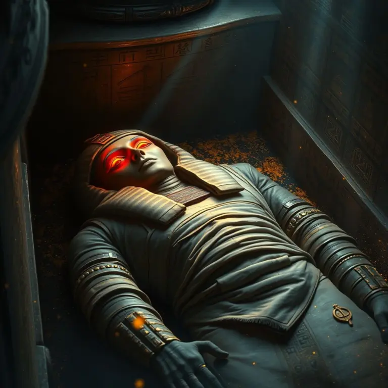 Mummy in a coffin with glowing red eyes in a dark tomb.