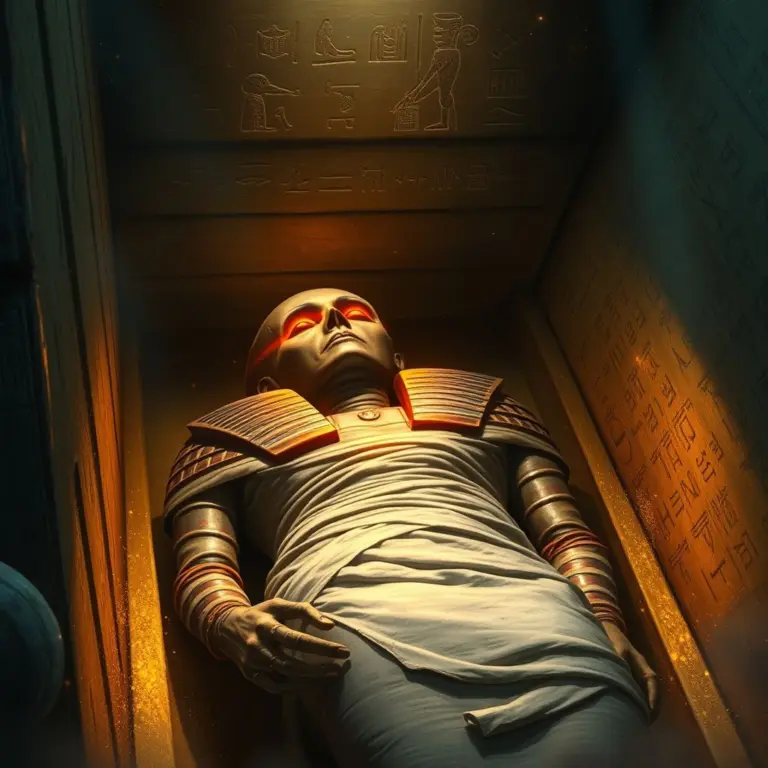 Mummy with glowing red eyes in a stone coffin in a dark, dusty tomb.