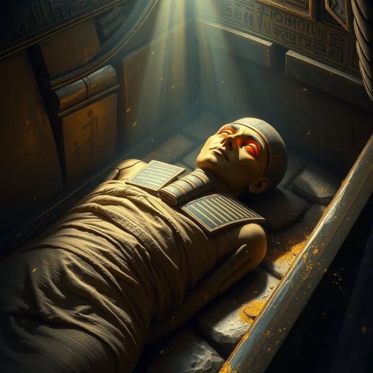 Mummy in sarcophagus with glowing red eyes and gold dust.