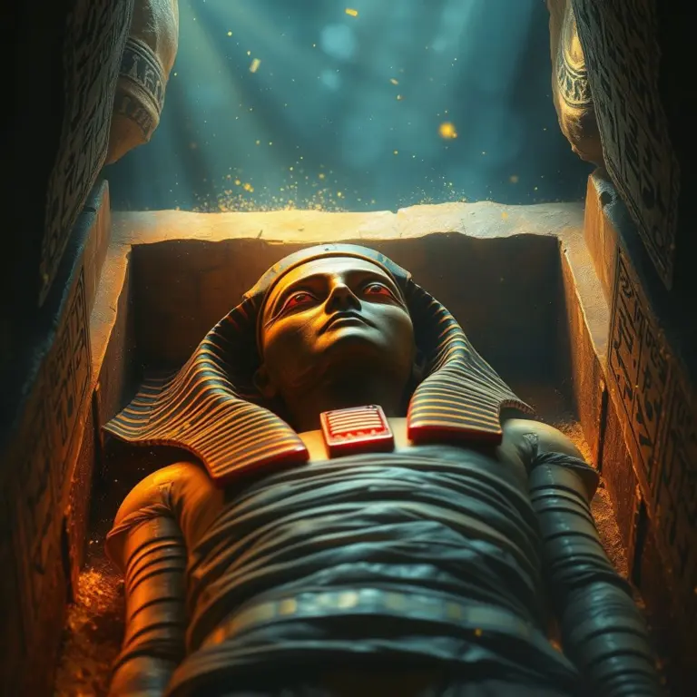 Mummy in a decorated coffin with glowing red eyes in a dark tomb with light rays and hieroglyphs.