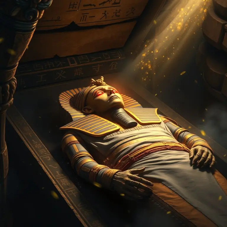 Mummy with glowing red eyes in a stone coffin, surrounded by golden dust and light.