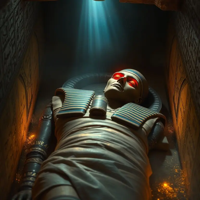 Mummy in sarcophagus with glowing red eyes.