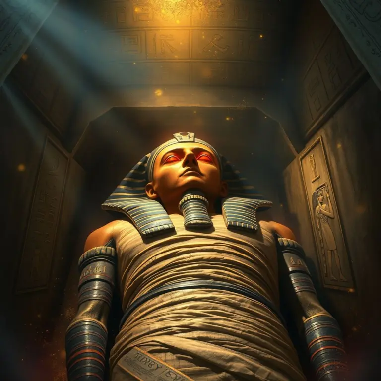 Mummy in coffin with glowing red eyes