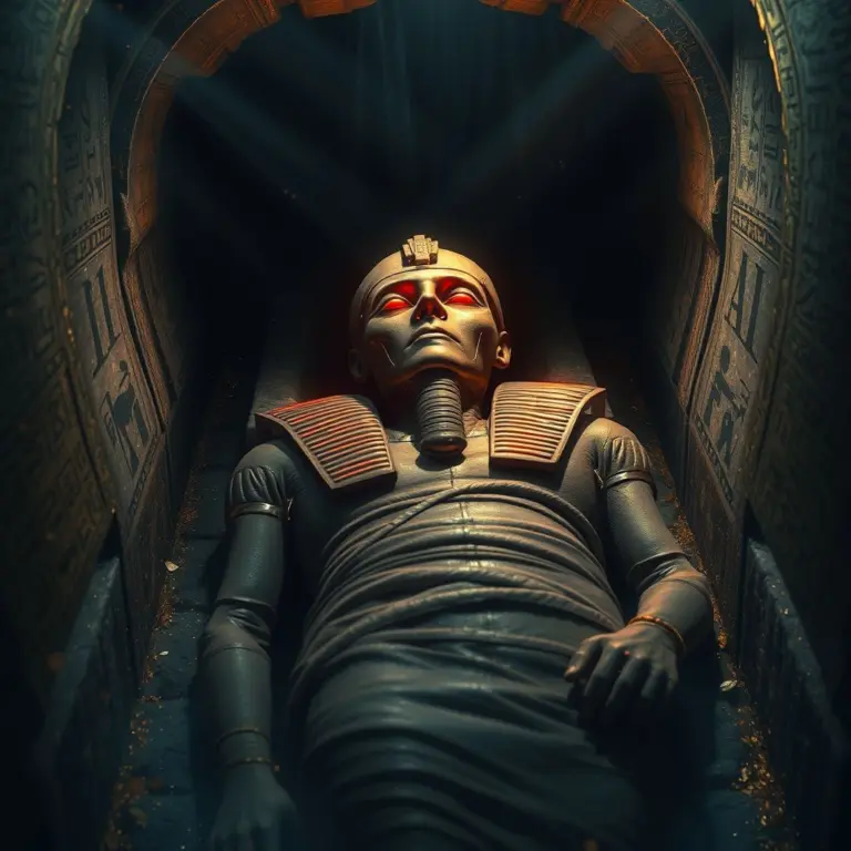 Ancient Egyptian mummy with glowing red eyes inside a stone coffin.