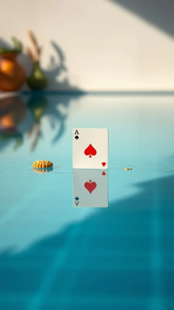 Reflection of an ace card and food security symbols in a pool.