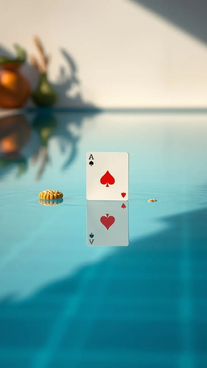 Reflection of an ace card and food security symbols in a pool.