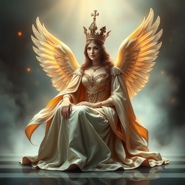 Full-length portrait of a queen chess piece with a crown and flowing robes, looking kind and wise.