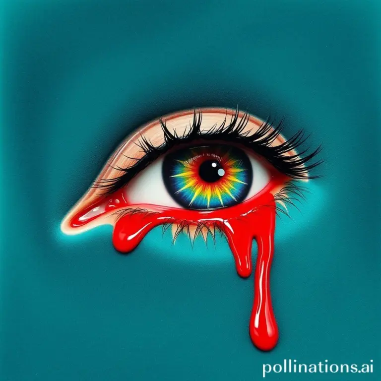 An eye with rainbow colors bleeding from it, on velvet.