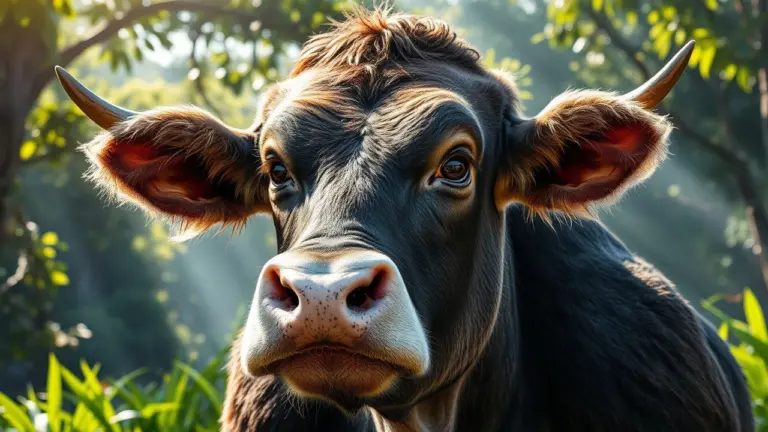 A hybrid creature with a cow's face and a gorilla's body in a jungle.