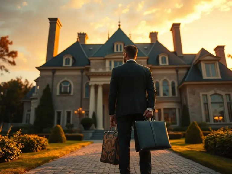Man in suit with briefcase in front of mansion at golden hour.