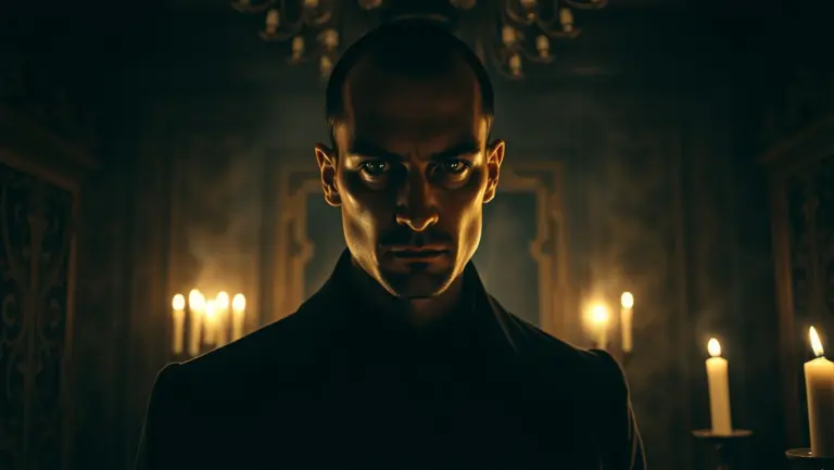19th-century Russian poet in a velvet coat under dramatic candlelight.