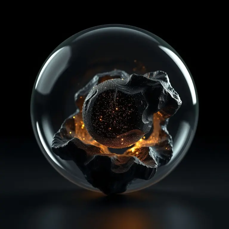 Hyperrealistic 3D rendering of a tiny, sparkling black singularity with jagged edges, enclosed in a translucent shell, glowing intensely.