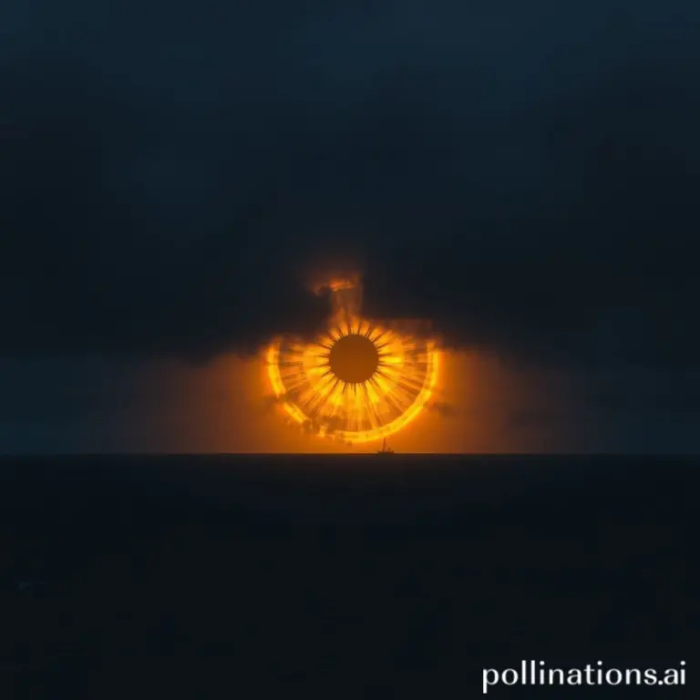 Giant golden eye in a dark sky above a black ocean.