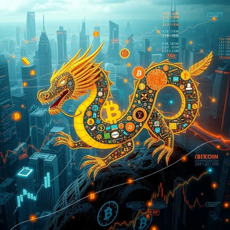 A digital dragon made of Bitcoin symbols and blockchain elements flying over a futuristic cityscape with financial charts.