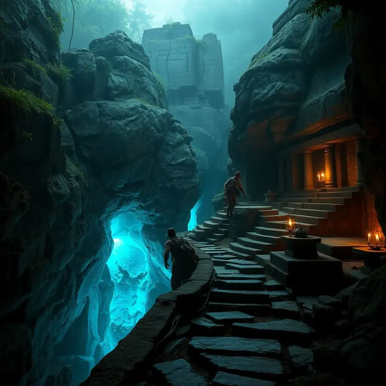 Adventurer exploring ancient ruins lit by a blue crystal.