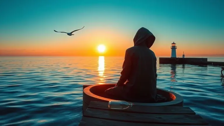 Hooded figure on a pier at sunrise with cut fishing nets.