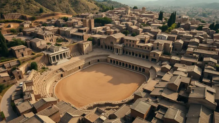 Aerial view of the early Roman Forum with building foundations and simple houses.