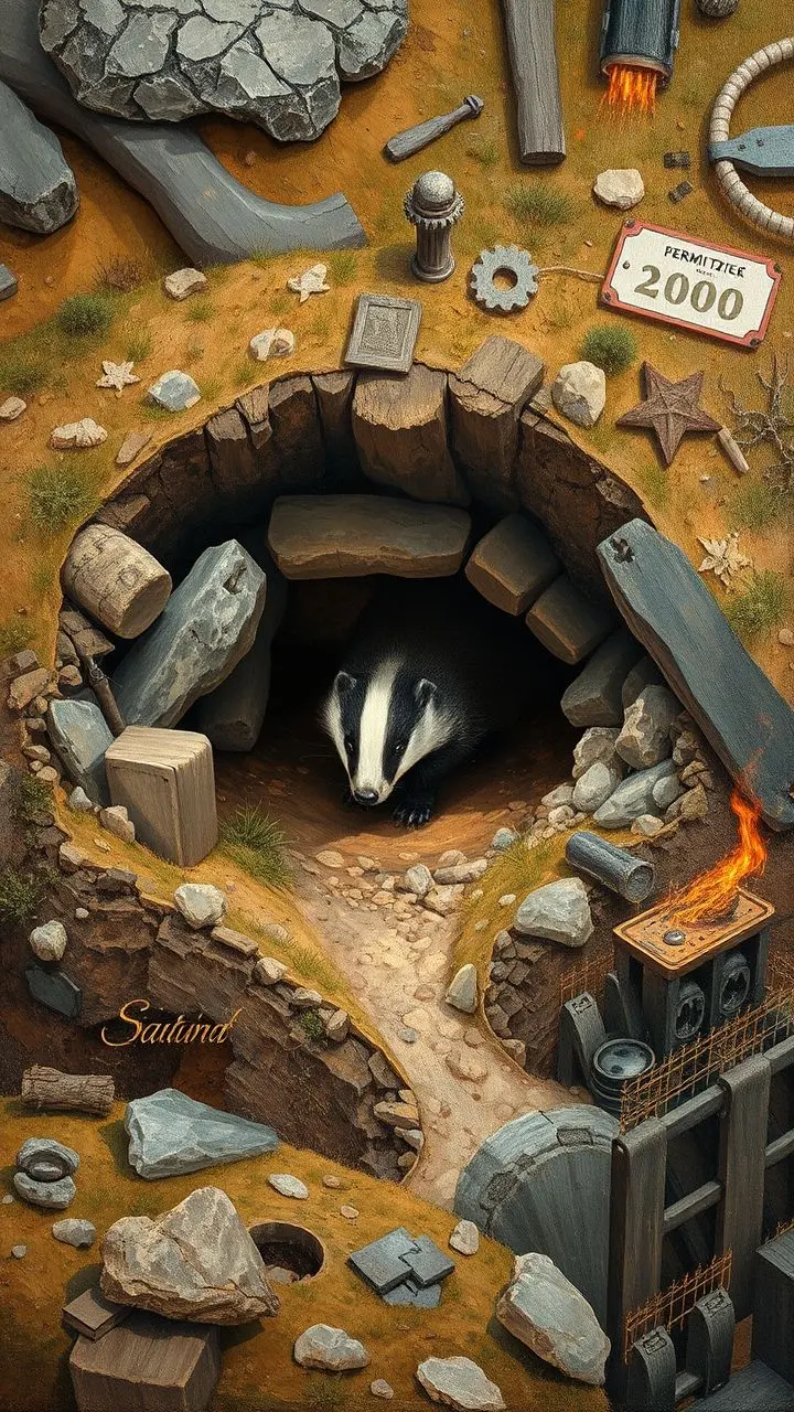 Oil painting of a badger sett with decarbonization symbols and burning outlines.
