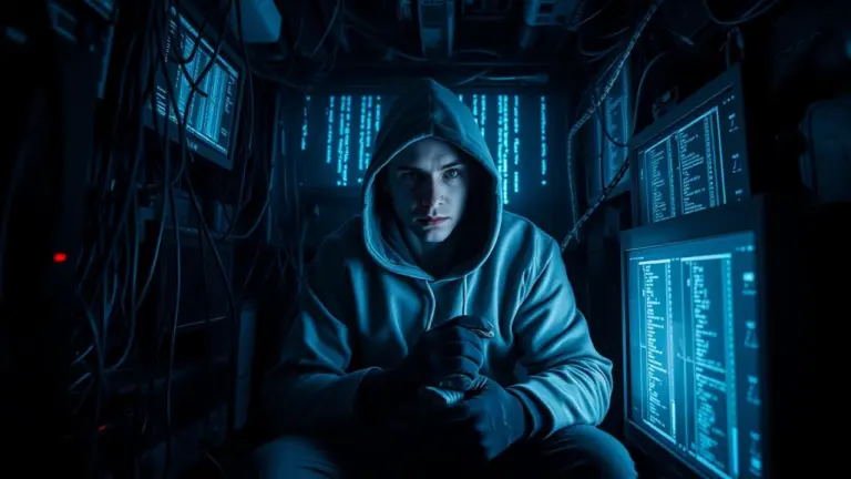 Hacker in a dark room illuminated by glowing computer screens showing code.