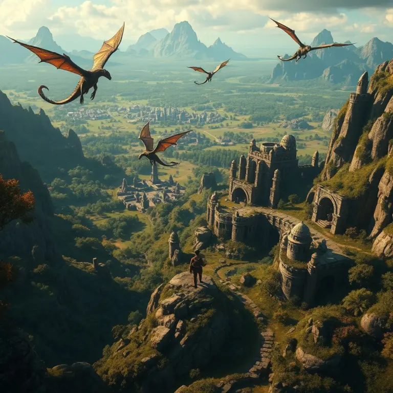 Fantasy landscape with explorer, dragons, ruins, and mountains.
