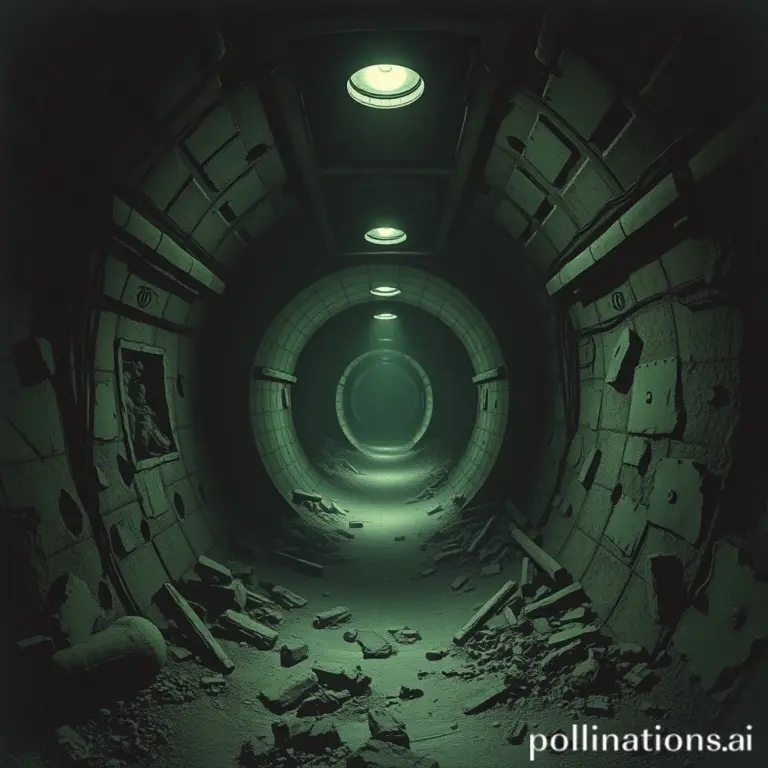 Dark Soviet bunker with a figure falling endlessly into a void.
