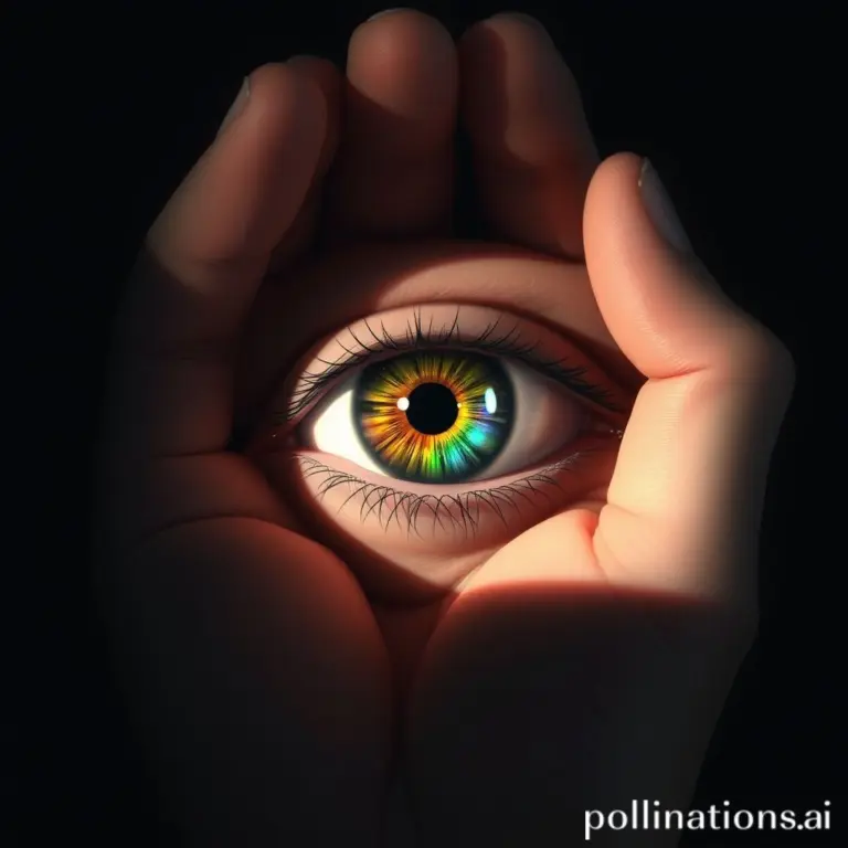 Close-up of an eye with rainbow iris in a pale hand.