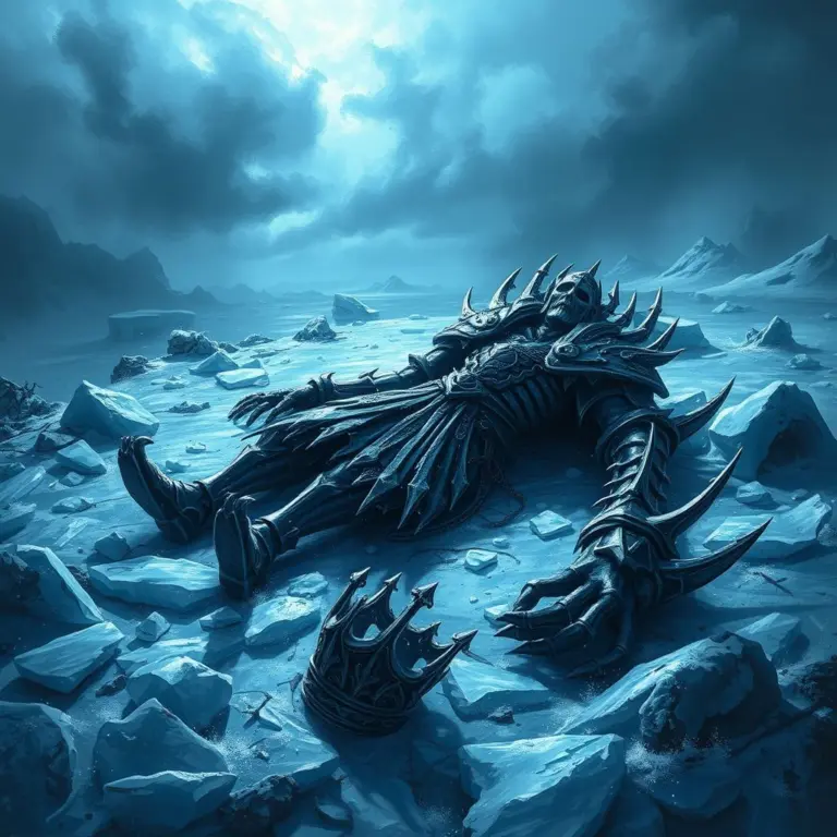 Fallen Lich King in icy wilderness with shattered crown.
