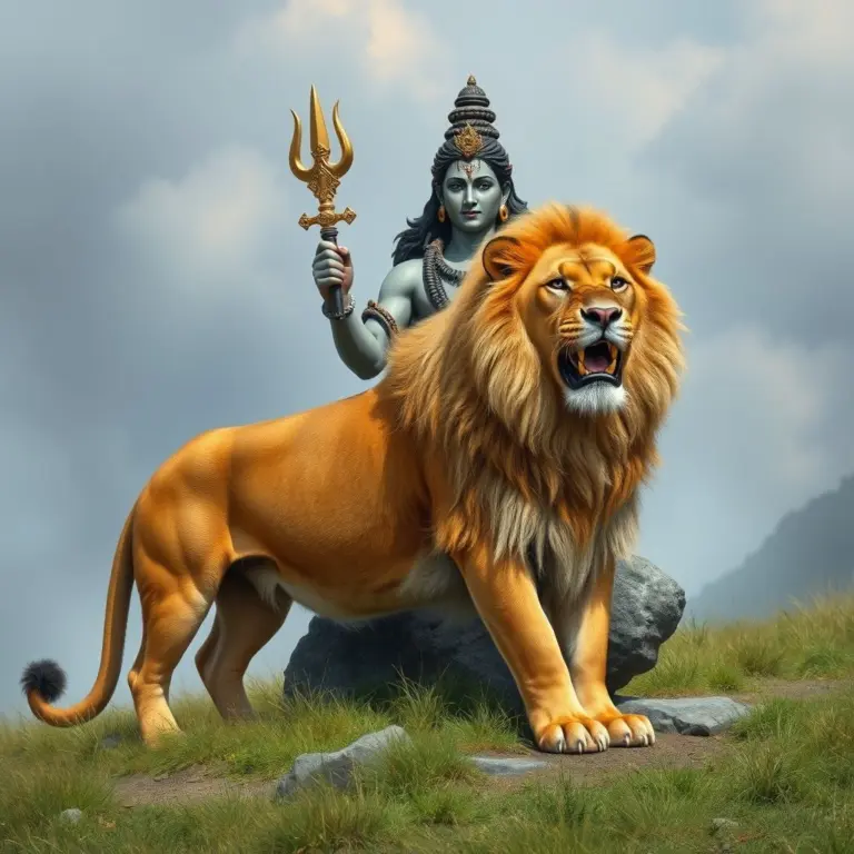 Shivudu and a lion standing together.