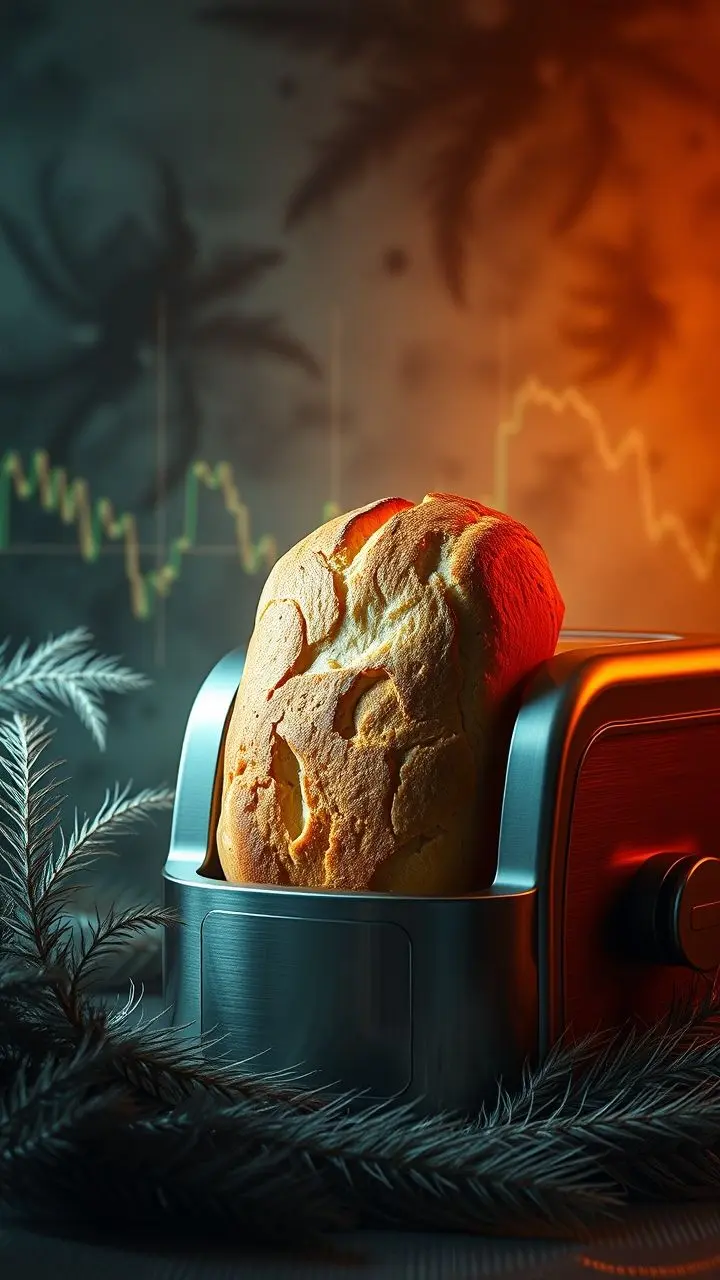 Bread machine with baked loaf, Nasdaq charts, and reforestation elements.