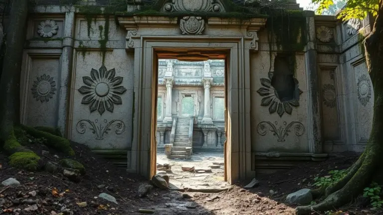 Ruined stone temple gateway overgrown with moss and plants.