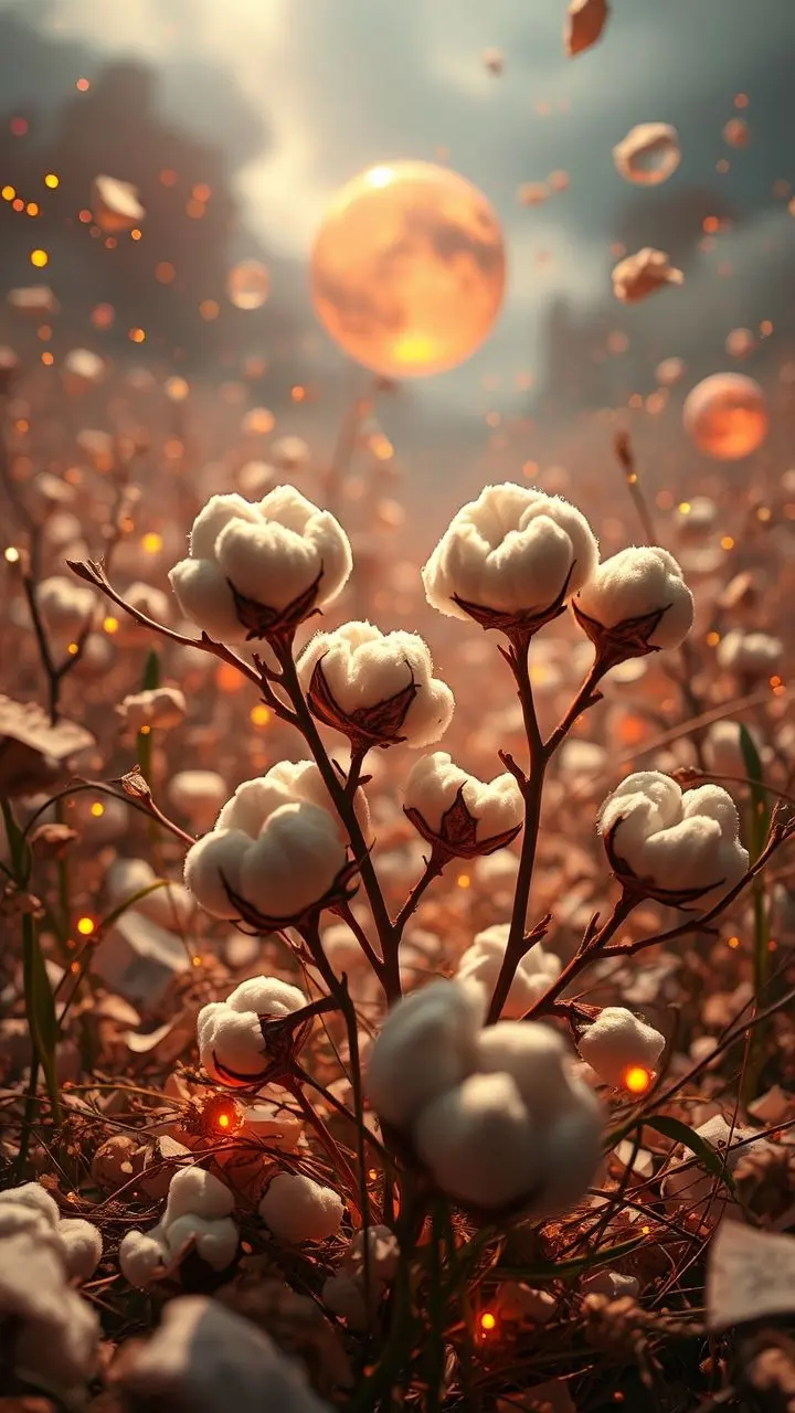 Surrealist landscape with cotton bolls, policies, and carbon bubble imagery, amidst radiant debris.