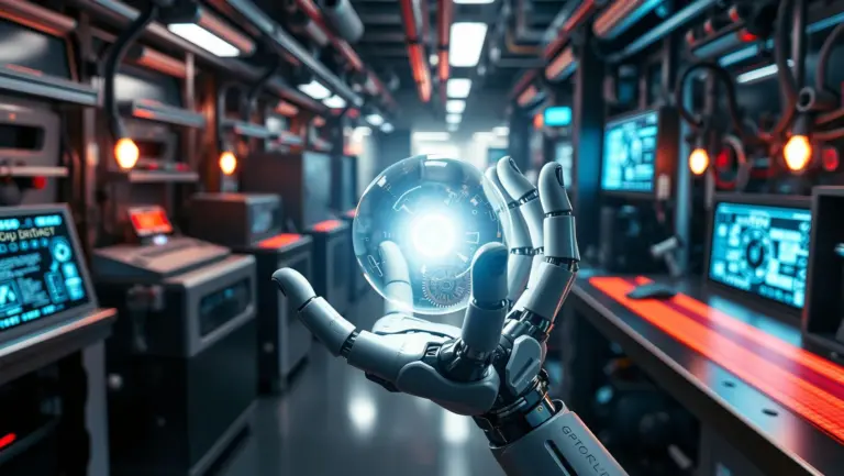 Close-up of a robotic hand holding a glowing orb.