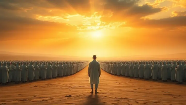 A man in the foreground looks towards a golden horizon with many people in white robes scattered across a desert.