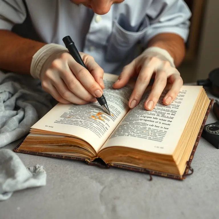 Book restorer working on damaged pages.